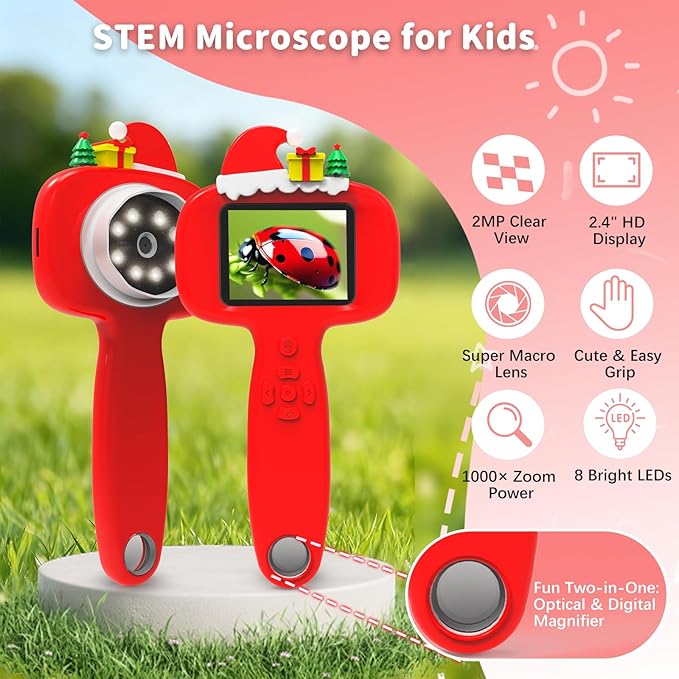 1000X Microscope for Kids with 16 Slides, 2.4" Handheld Digital Pocket Microscope, STEM Educational Science Toys for Christmas Birthday Gifts for 3+ 4 5 6 7 8 9 10 11 12 Year Old Boys Girls, Red