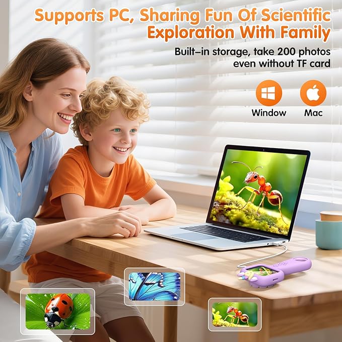 Kids Microscope - 2.4" IPS Screen, 600X-4800X Digital Magnification, LED Light, Purple Unicorn Silicone Cover, Educational Science Toy