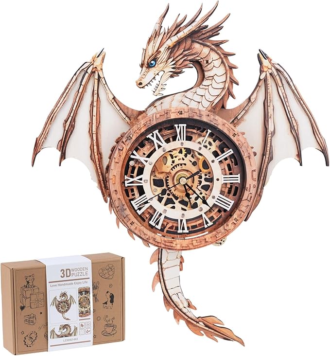 3D Puzzles for Adults, 3D Puzzle Dragon Clock Kit (with Pendulum), Wooden Puzzles for Adults Home Wall Decor Dragon Clock Christmas Day Puzzle Gifts for Men Women