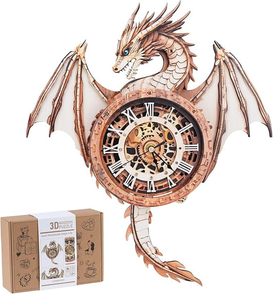 3D Puzzles for Adults, 3D Puzzle Dragon Clock Kit (with Pendulum), Wooden Puzzles for Adults Home Wall Decor Dragon Clock Christmas Day Puzzle Gifts for Men Women
