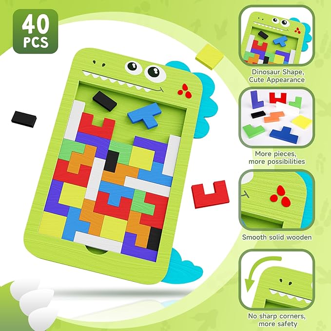 40 Pcs Wooden Blocks Puzzles, Jigsaw Puzzles, Wooden Brain Teaser IQ Game Toy, Educational Puzzle, Intelligent Tangram 3D Russian Blocks for 3+ Years Old Kids