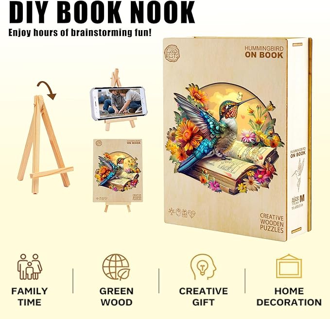 Wooden Puzzles for Adults,Hummingbird On The Book Wooden Jigsaw Puzzles,Unique Shape Advanced Animal Jigsaw Puzzle for Adults.(L-13.4x11.6In 230pcs)