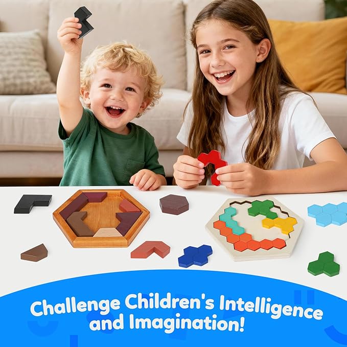 Skrtuan Wooden Hexagon Puzzle for Kid Adults Pattern Blocks Brain Teasers Tangram Puzzles Toy Jigsaw Board Geometry Logic IQ Travel Game STEM Montessori Educational Toys Gift, Puzzle Set, 4 Pack
