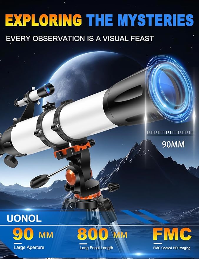 Telescope for Adults High Powered 90mm Aperture 800mm(32X-240X),Refractor Telescopes for Astronomy Beginners with AZ Mount Tripod,Phone Adapter,Carry Bag
