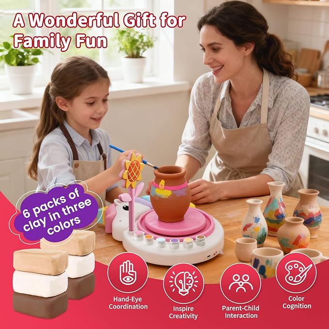 Unicorn Pottery Wheel for Kids – Arts & Crafts Kit for Kids Ages 6-12, Complete Pottery Art Supplies for Kid 9-12 with Air Dry Clay (6 Packs), Birthday, Christmas Gift for Kid Ages 6 7 8 9 10 11 12+