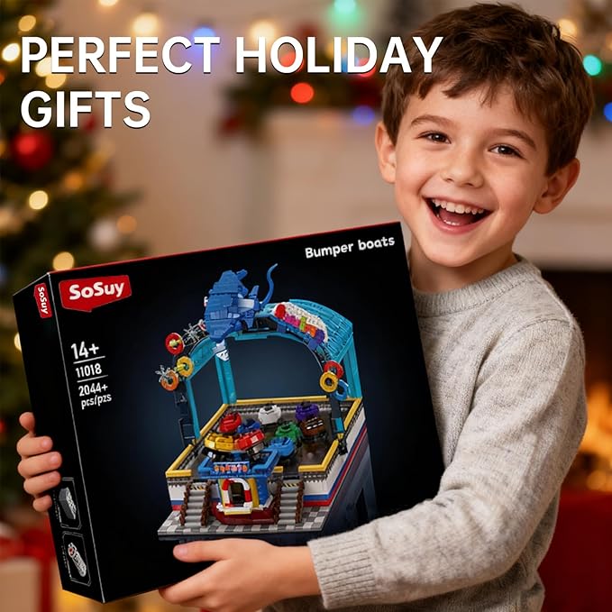Sosuy Bumper-Boat Ride Building Blocks Set, 2044+ Pcs Amusement Park Model with Motor Remote Control, STEM Engineering Toy for Boys Adults, Teens, Girls, Creative City for Collectors