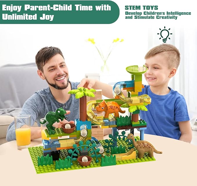 JIXIn Dinosaur Marble Runs for Kids 4-8 - Building Blocks Compatible with DUPLO Lego Sets - 125 PCS Classic Big Blocks for Toddlers Ages 3-5 - Montessori Learning STEM Toys