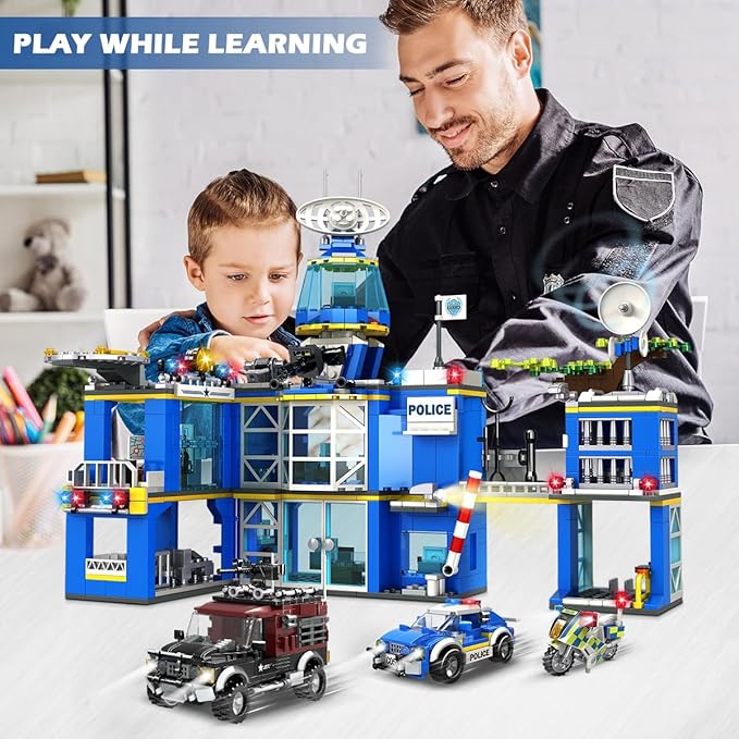 HOGOKIDS City Police Station Building Set - 1260 PCS Police Building Block Toys with Helicopter Motorcycle Police Vehicle Bandit Car, STEM Police Construction Toy for Kids Boys Girls Ages 8-12+ Years