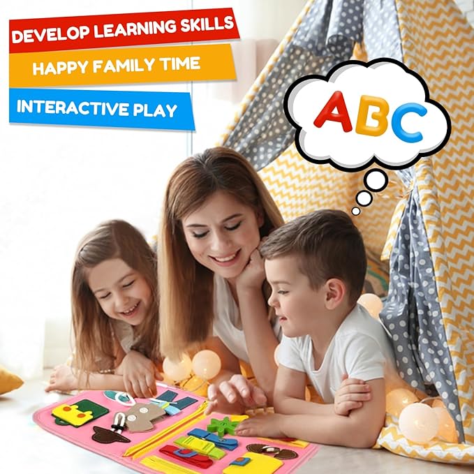 Qizfun Toddler Busy Board Montessori Toys – Sensory Busy Book, Educational Learning Travel Toy for Airplane & Car, Keeps Toddlers Engaged, Birthday Gifts for Toddler Girls