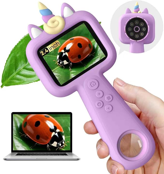 Kids Microscope - 2.4" IPS Screen, 600X-4800X Digital Magnification, LED Light, Purple Unicorn Silicone Cover, Educational Science Toy