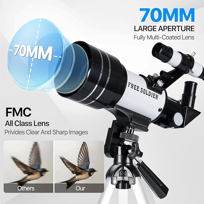 Telescope for Astronomy Beginners - 70mm Aperture Refractor Telescope for Stargazing with Adjustable Tripod Phone Adapter Wireless Remote Perfect Astronomy for Adults, White