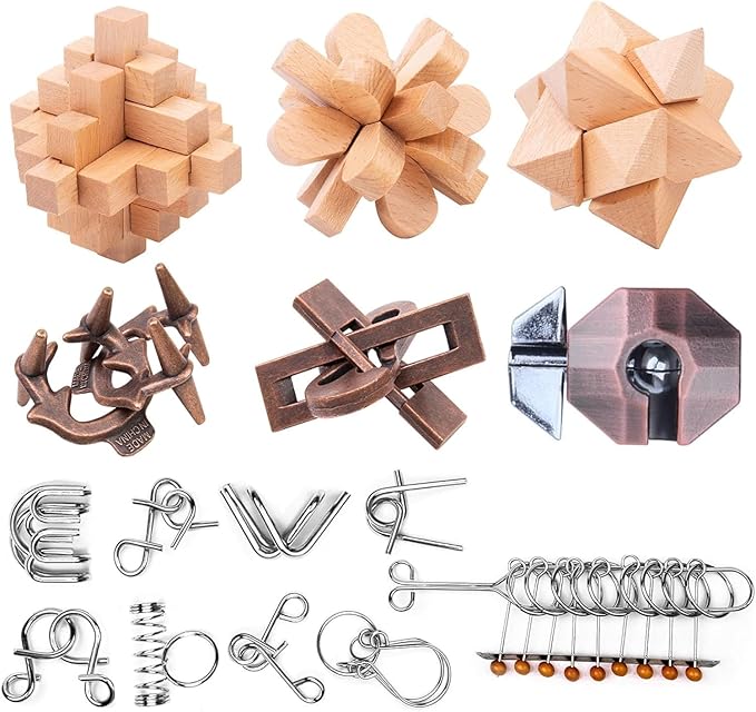 15pcs Brain Teaser Puzzles for Adults - Metal Puzzles 3D Puzzle Game Toys for Adults Teens - Wooden Unlock Interlocking Puzzle Adult IQ Education Smart Toys