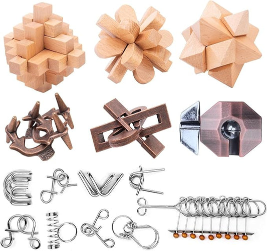 15pcs Brain Teaser Puzzles for Adults - Metal Puzzles 3D Puzzle Game Toys for Adults Teens - Wooden Unlock Interlocking Puzzle Adult IQ Education Smart Toys