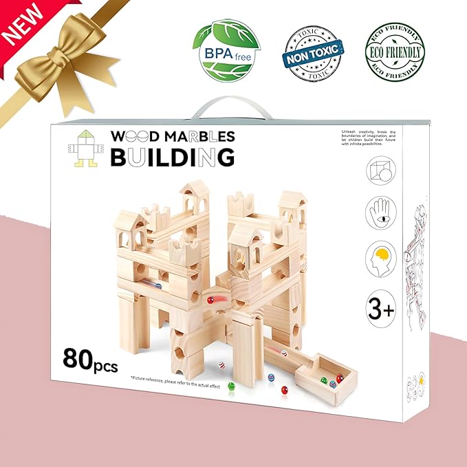 Wooden Marble Run for Kids Ages 4-8 – 80 Pieces Marble Rush Track Maze Construction Toy, STEM Building Blocks, Educational Gift for Boys & Girls
