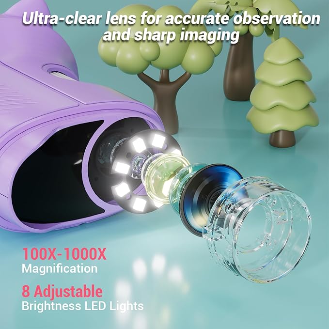 Pocket Kids Microscope, 1000X Handheld Microscope for Kids w/2.4'' Screen, Photo Video Mini Portable Microscopes Science Edu Digiscope, Christmas Birthday Gifts Ideas for Kids Ages 3-12 (Purple)