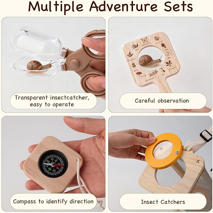 Bug Catcher for Kids, 10PCS Bug Catching Kit with Insect Cage, Butterfly Net, Magnifying Glass, Compass, Tweezers, ID Cards, Outdoor Explorer Kit Toys Bug Catcher Kit for Kids Boys and Girls Ages 3-12
