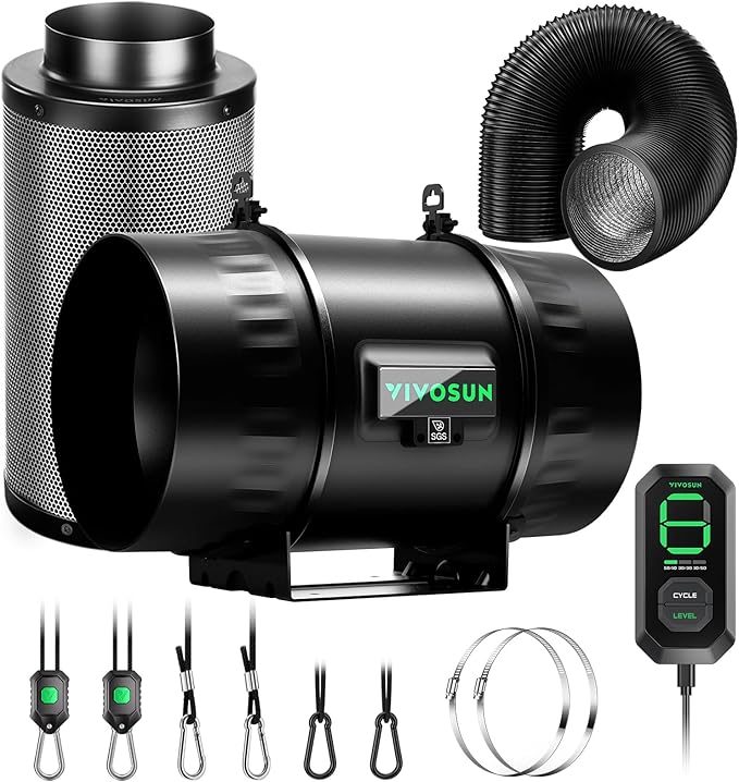 Vivosun Smart Air Filtration T8 Kit 8", AeroZesh T8 Inline Duct Fan with E12 Speed Controller, Carbon Filter & 25' Ducting, Cooling & Ventilation System for Grow Tents, Indoor Gardening, Hydroponics