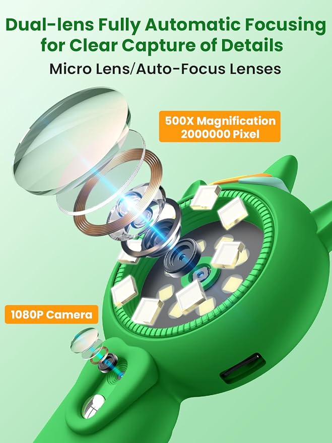 Microscope for Kids, Auto-Focus Handheld Digital Microscopes with 2.0" Screen, 8 LEDs Rechargeable Pocket Mini Microscope Christmas Gifts Educational Science Toys for Ages 5 6 7 8 9 10 11 12