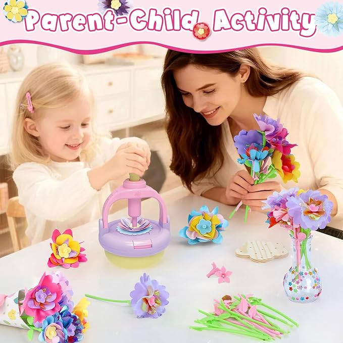 DIY Flowers Craft Kit for Girls, Flower Bouquet Maker Machine with 120 Fabric Petals, 14 Greeting Cards, Gift Wrap, Vase & Storage Bag, Creative Floral Arts and Crafts Toy for Kids Ages 3-12