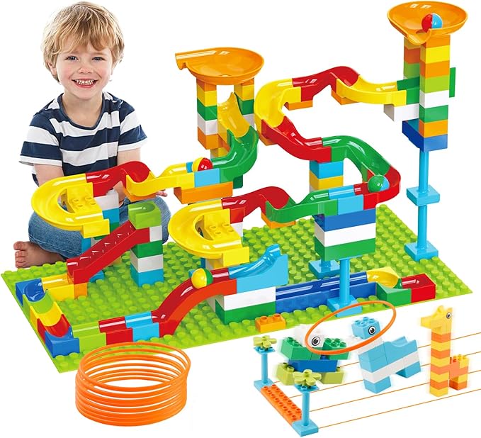 Marble Run Building Blocks for Kids Age 3-8, 128 Pcs STEM Building Bricks Set with Toss Ring Game, Educational Learning Toys for Toddlers Boys Girls Gifts- Compatible with All Major Brands