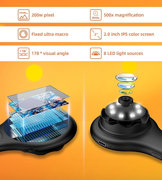 Microscope for Kids, Portable Digital Microscope with 500X Magnifying Glass, Handheld Camera Mini Pocket Magnification, Educational Christmas Birthday Gifts for Ages 4 5 6 7 8 9 10 11 12