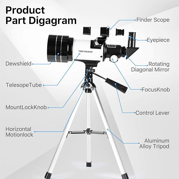 Telescope for Astronomy Beginners - 70mm Aperture Refractor Telescope for Stargazing with Adjustable Tripod Phone Adapter Wireless Remote Perfect Astronomy for Adults, White