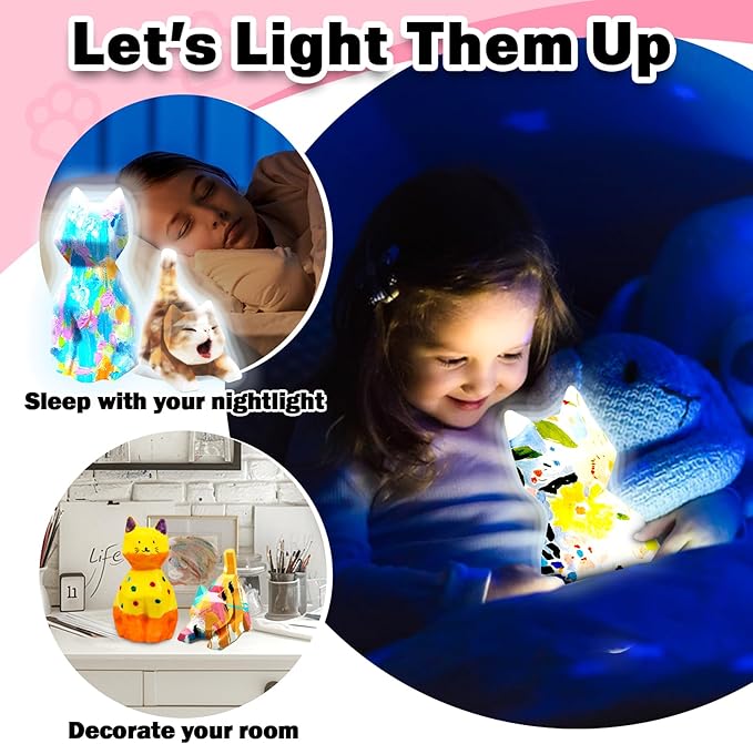 FUNZBO 2pcs Paint Your Own Cat Lamp Kit - Arts and Crafts Supplies Kitten Painting Kits for Kid Teen, DIY Night Light Toy for Toddlers Girl Boy Age 3 4 5 6 7 8 9 10 11 12 13 + Christmas Birthday Gifts