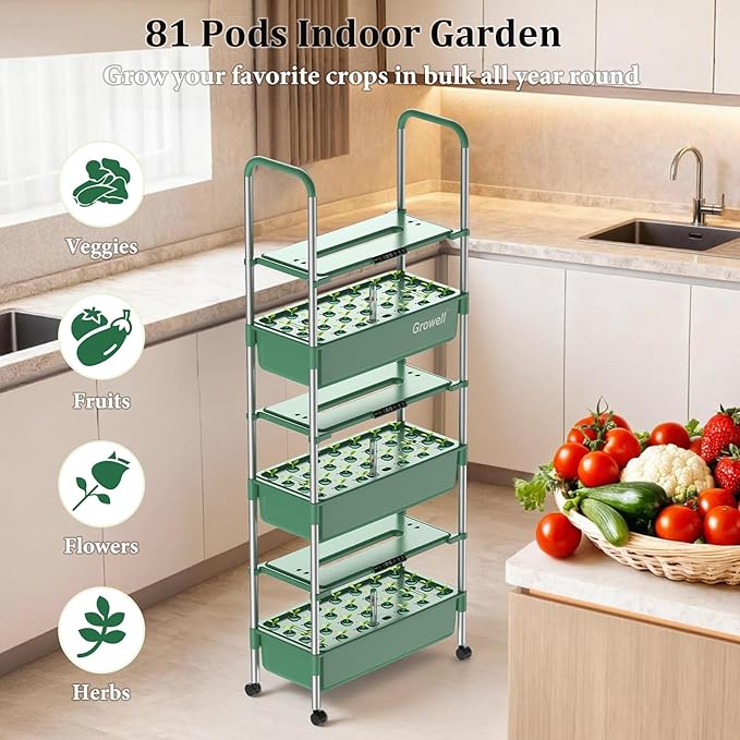 Hydroponics Growing System Kit, 81 Pods Vertical Indoor Herb Garden with Smart LED Grow Light, Auto Circulating Water Pump Each Tier, 42L Hydroponic Gardening Systems for Ideal Gifts (Green)