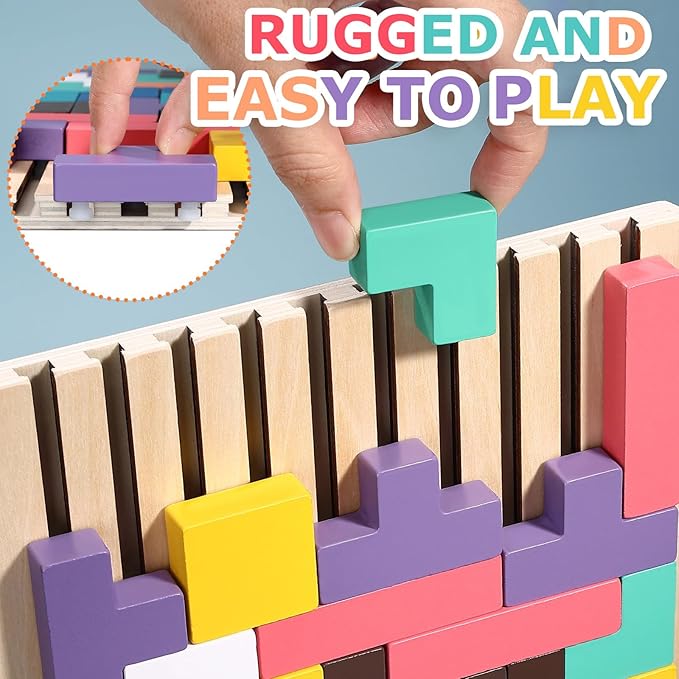 Wooden Stacking Puzzle Toy,Montessori Brain Blocks,Russian Blocks Puzzle,Brain Teasers Game with 10 Cards,Home Decor,Montessori Toys for 3 Year Old Boys&Girls