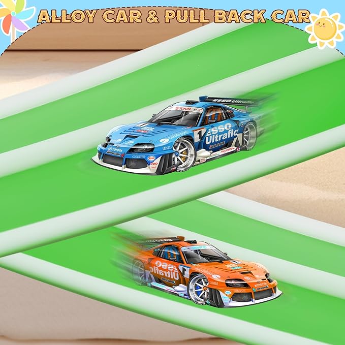 Flex Tracks 15 Ft for Kids Starter Set, Flexible Race Car Ramp Track with Suction Cups Compatible with Diecast 1/64th Cars for Ages 3 & Up (Green & White)