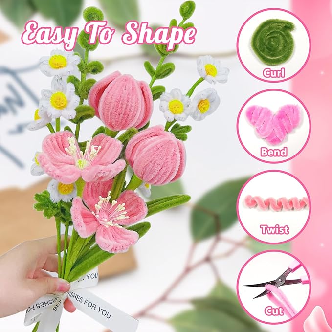 500 Pcs Pink Pipe Cleaners Craft for Flowers, Pastel Chenille Stems for DIY Art Projects Creative Gift(5 Colors), Pipe Cleaner Flower Kit with Floral Stems, Gardening Tape,Stamen& Pearls (Pink Flower)