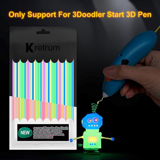 Glow in The Dark 3D Doodler Pen Refills for 3Doodler Start+ 3D Pen 2.5mm PCL Filament Refills Packs 10 Colors Glow Filament Each Color 10 pcs Total 100 pcs Only Fit for 3Doodler Start Pen