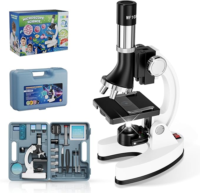 USCAMEL Kids Microscope Science Kit - 1200X Microscope for Kids 8-12 with Prepared Slides Metal Body LED Light Carrying Box Educational Compound Toy Set for Children Ages 5 Year Old Boys & Girls Gift