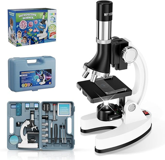 USCAMEL Kids Microscope Science Kit - 1200X Microscope for Kids 8-12 with Prepared Slides Metal Body LED Light Carrying Box Educational Compound Toy Set for Children Ages 5 Year Old Boys & Girls Gift