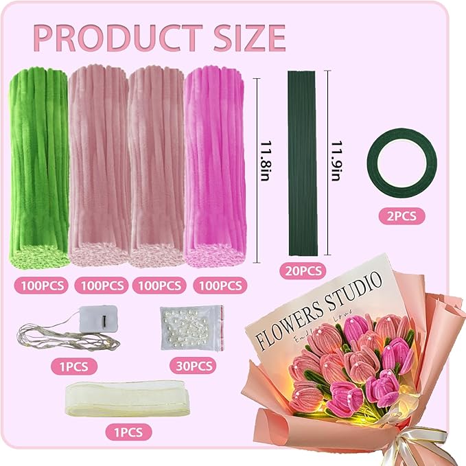 LOLEDE Pipe Cleaners Craft Flowers Kit 400 Pcs, 400 Pcs 3 Colors 11.8inch Fuzzy Pipe Cleaners Bulk, Chenille Stems for DIY Flower Making Kit Crafts, Floral Stems & Tape & Ribbon Pearls(Pink)