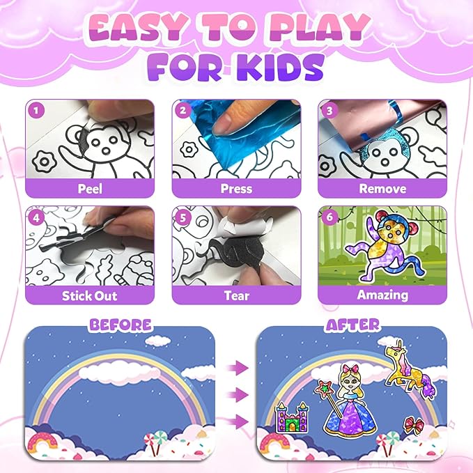 Foil Art Craft Kits for Kids, Mess-Free DIY Creative Activity Set, Fun Arts and Crafts Toys for Boys & Girls, Peel & Press Foil Art Kit for Kids, Travel Toy and Birthday Gift (Princess)