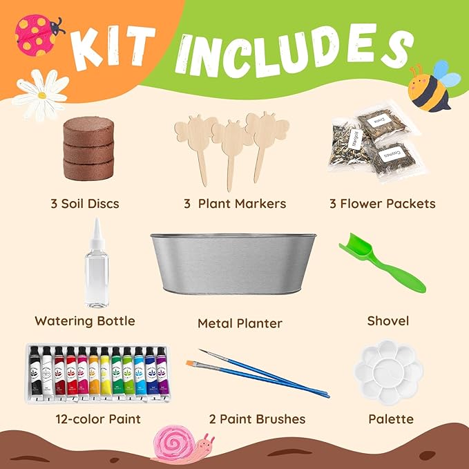 PLANTMEW Paint & Plant Flower Growing Kit for Kids - Fun Kids Gardening Set - Unique Birthday, Crafts & Arts, Gardening Gifts for Girls & Boys, Ages 5, 6, 7, 8-12 Years Old