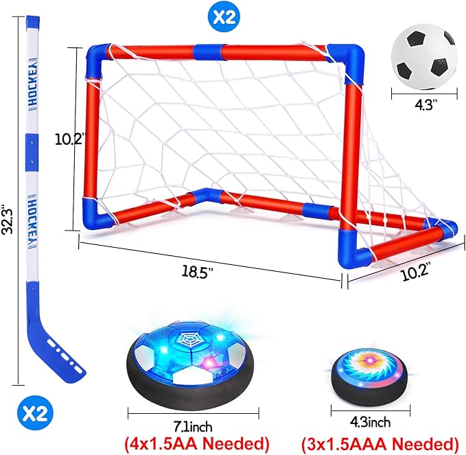 Qirptey 3 in 1 Hover Soccer Ball Toddler Hockey Set with LED Lights Indoor Toys for Kids Soccer Gift for Boys 6-8 8-12 Kids Sports Soccer Games 3 4 5 6 7 8 Year Old Boy Age 4-8 Birthday Gift