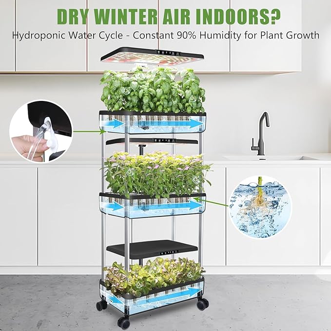 44-Pod Indoor Hydroponic Growing System + 3 Free Seeds Starter Kit (Lettuce, Salad Mixed, Basil Seeds) – Dual 53W Full-Spectrum LED, 10-L Water Tank, 2-Tier Grow Pods (66 Pods)