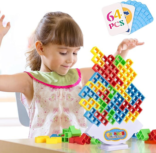 64Pcs Tetra Tower Game, Family Board for 2 Players Family Games, Christmas Stocking Stuffers for Teen Boys, Girls, Kids, Adults, Building Blocks Balance Games Toys for Family and Classroom