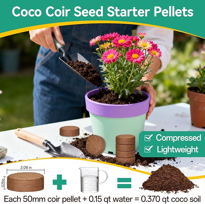 ZeeDix 100pcs(50mm) Coco Coir Pellets Potting Soil Indoor Plants, Compressed Coconut Coir Seed Starting Pellets Soil Discs for Planting Flowers Bonsai Herbs and Vegetables