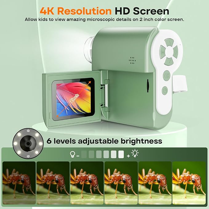 LAKWAR 1000X Handheld Digital Microscope for Kids: 4K 2.0" Screen Portable Digital Microscope for Kids 8-12 Home School Science Education (Green)