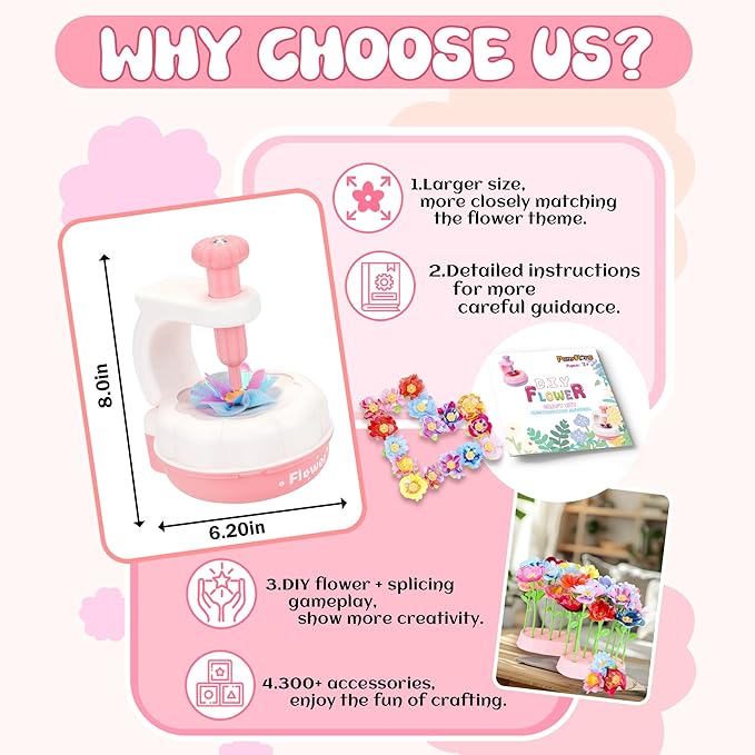 PERRYHOME Fabric Flower Bouquets Toys, 300+ Pcs DIY Flower Making Kit, 2 Gameplays Educational Arts & Crafts for Kids, Reusable Bouquets Maker Birthday Gift for 3 4 5 6 7 8 Years Toddler Girl