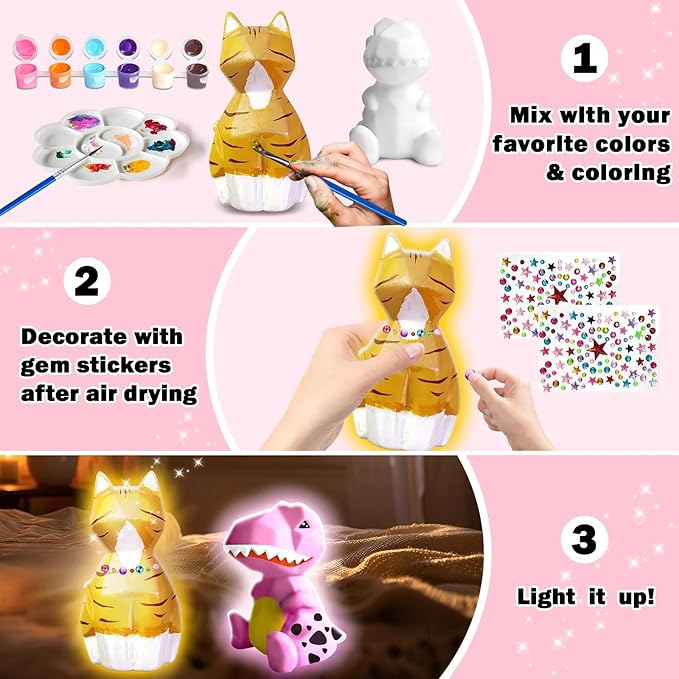 FUNZBO 2Pcs Paint Your Own Dinosaur & Cat Lamp - Arts and Crafts Supplies Painting Kits for Kids Teens, DIY Night Light Toy for Toddler Girls Boys Ages 3 4 5 6 7 8 9 10 11 12 Christmas Birthday Gifts