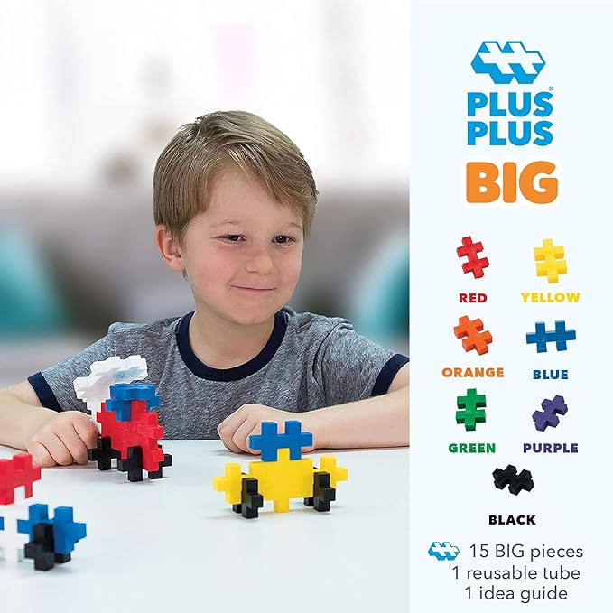 PLUS PLUS Big - 15 Piece Basic Mix - Construction Building Stem/Steam Toy, Interlocking Large Puzzle Blocks for Toddlers and Preschool