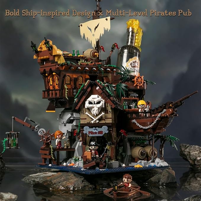 PANTASY Pirate Pub Building Kit – Modular Shipwreck Tavern Architecture Deck with Terrace Bar, Rum Bottle & Pirate Figures – Creative Nautical Display Set for Adults and Collectors