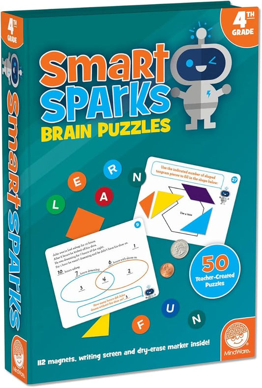 MindWare Smart Sparks Brainy Puzzles: Grade 4 – Logic & Reasoning Puzzles for Kids Ages 9 & Up