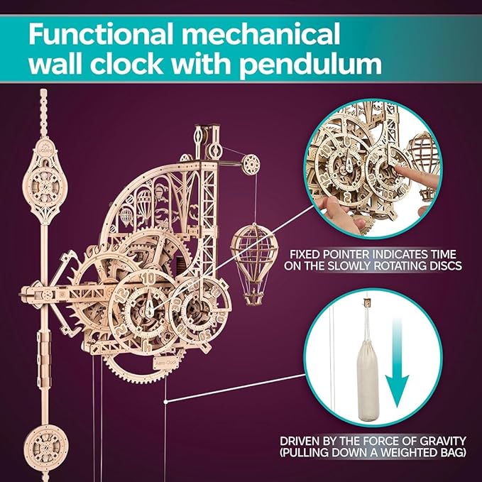 UGEARS Aero Clock Wooden 3D Puzzles for Adults - Mechanical Wooden Model Kits for Adults to Build, Wall Clock 3D Puzzle with Pendulum Model Kit, DIY Miniature Kit Crafts Gift for Christmas
