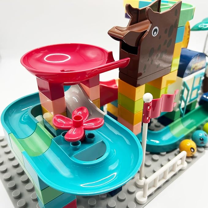147Pcs Marble Track Classic Big Blocks Toys Set, STEM Educational Construction Toy with Dinosaur and Giraffe Theme, of Marble Run Toys for Kids Age 3+