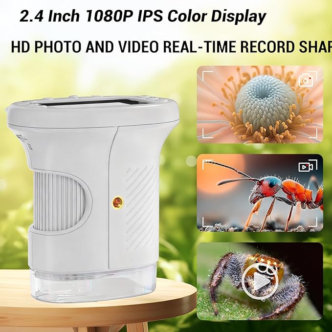 Pocket Kids Microscope, 1000X Handheld Microscope for Kids w/2.4'' Screen, Photo Video Mini Portable Microscopes Science Edu Digiscope, Christmas Birthday Gifts Ideas for Kids Ages 3-12 (White)